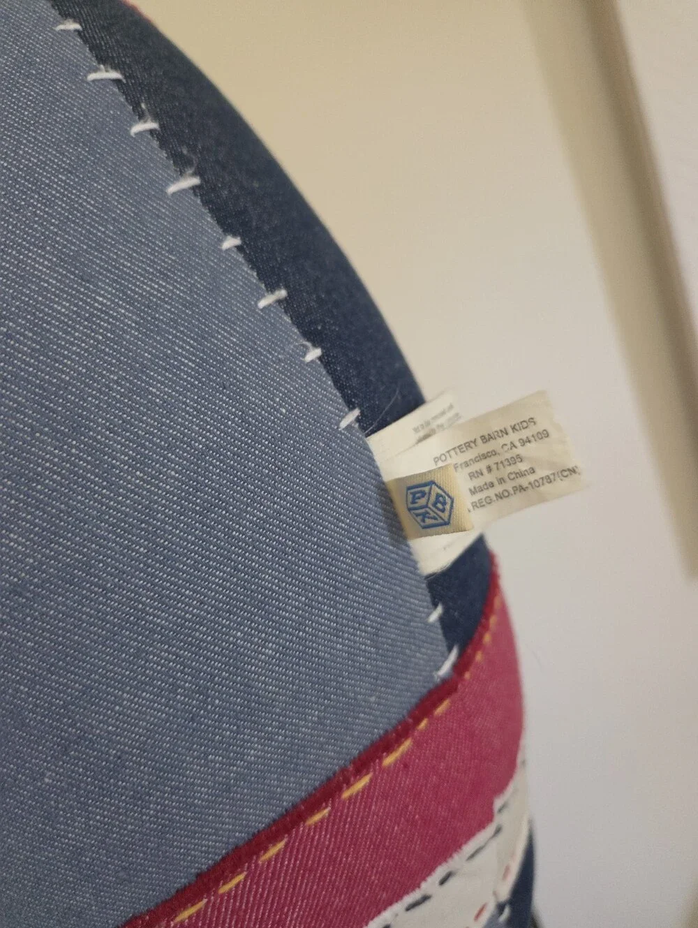 Pottery Barn Kids Denim Patchwork Football Throw Pillow Stuffed Toy Decor Red Bl
